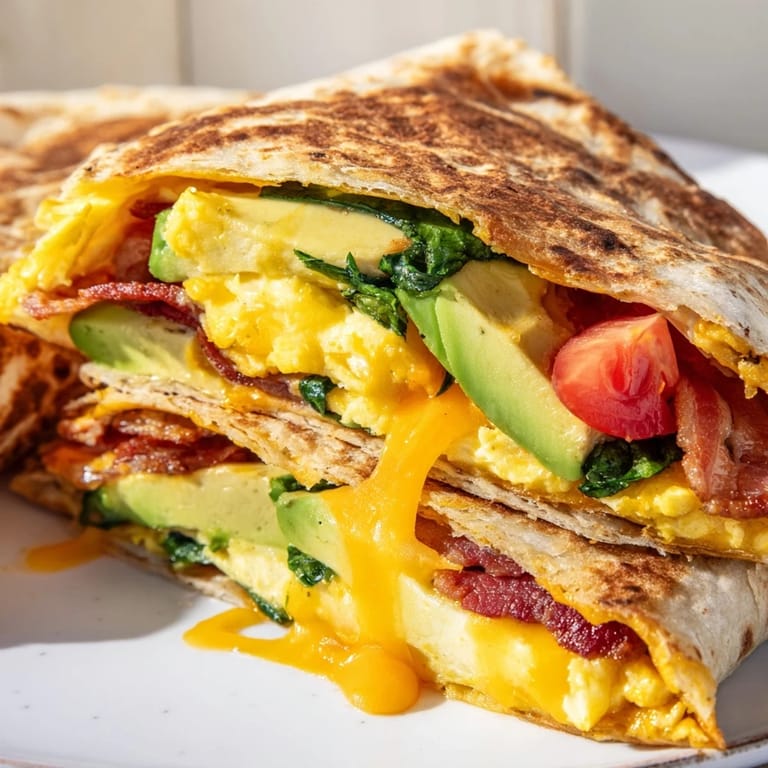 A close-up of a perfectly folded Crispy Breakfast Wrap, showcasing melted cheese and fresh avocado slices.
