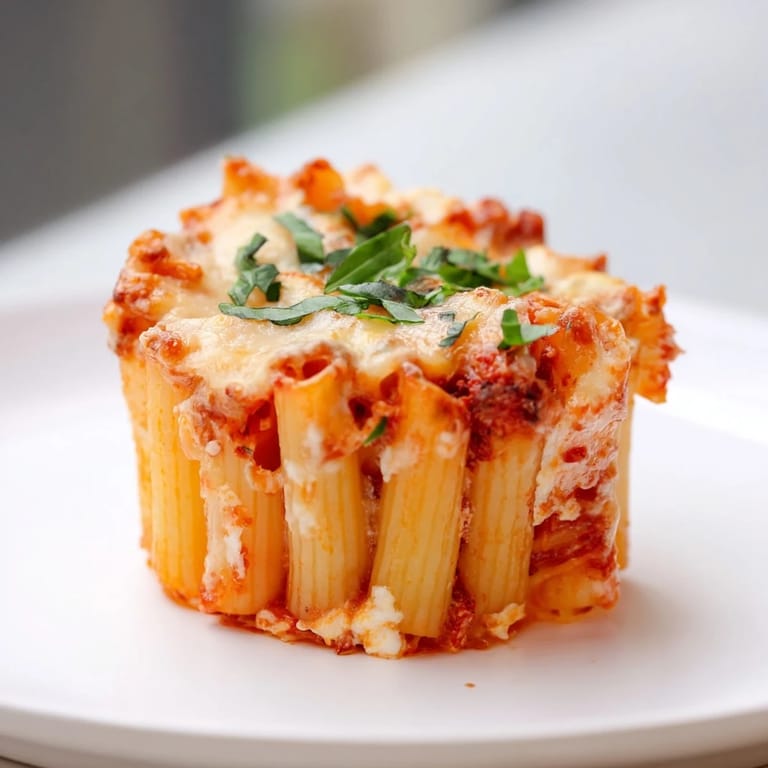 Hand-held Baked Ziti Cups, offering a delightful blend of pasta, cheese, and tomato in every bite.
