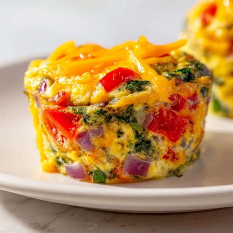 Close-up of baked Veggie Egg Muffins, showing fresh spinach and red pepper nestled in cooked eggs.