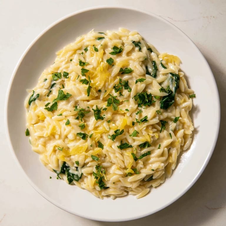 Golden-brown orzo pasta simmered in broth, creating a comforting one-pot creamy orzo dish.