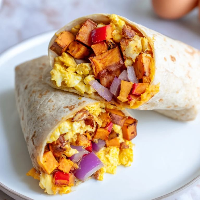 A close-up of a delicious Sweet Potato Breakfast Burrito, perfect for a grab-and-go breakfast.