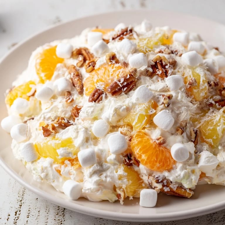 Close-up of a refreshing Elevated Ambrosia Salad, with whipped cream, ready for a taste.
