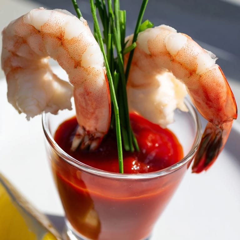 These chilled Retro Prawn Cocktail Shooters shimmer with a bright cocktail sauce and fresh parsley.