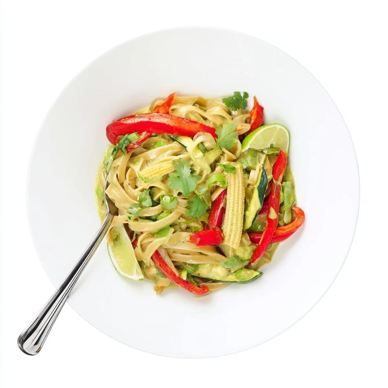 Creamy and delicious, this vibrant Thai Curry Pasta is served, ready to be enjoyed.