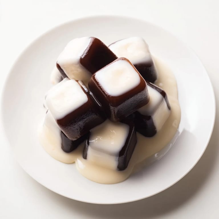 Enjoy this Japanese-inspired coffee jelly dessert, a beautiful presentation with a creamy topping.