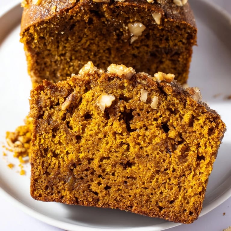 Golden-brown pumpkin bread, sliced and ready: a delicious autumnal treat, perfect with coffee.