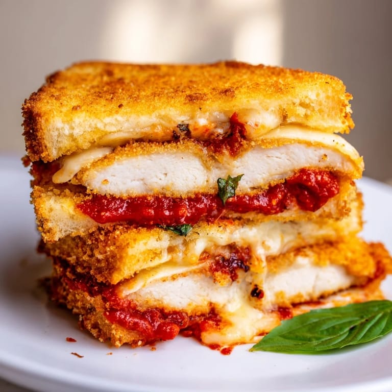 Sliced Chicken Parm Grilled Cheese on a rustic plate, revealing a cross-section of crispy chicken, rich marinara, and melted cheese, ready to be enjoyed.