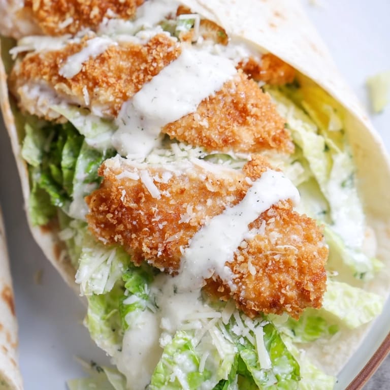 Homemade Crispy Chicken Caesar Wrap cut in half to reveal tender fried chicken, vibrant romaine, and creamy dressing inside a warm tortilla.