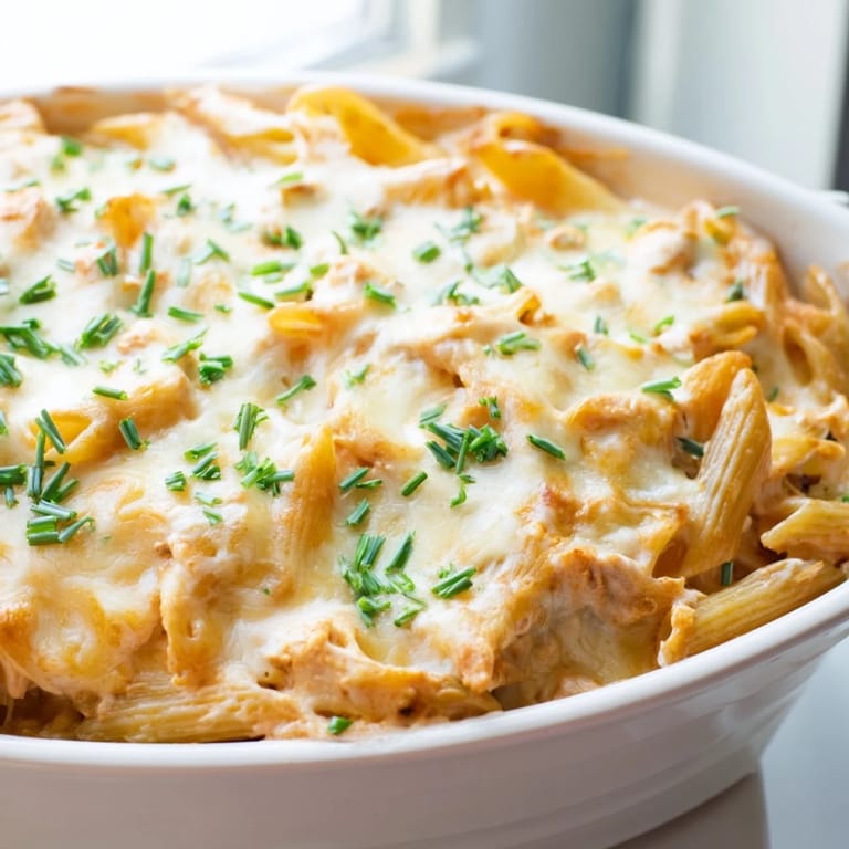 Fresh chives sprinkle over a warm Chicken Ranch Pasta Bake, highlighting its creamy texture and golden cheese crust.