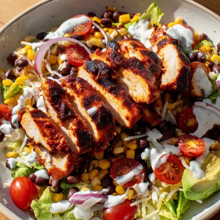 This vibrant BBQ Chicken Salad showcases golden grilled corn, seasoned black beans, and tender chicken on a bed of fresh greens, perfect for a quick, satisfying meal.