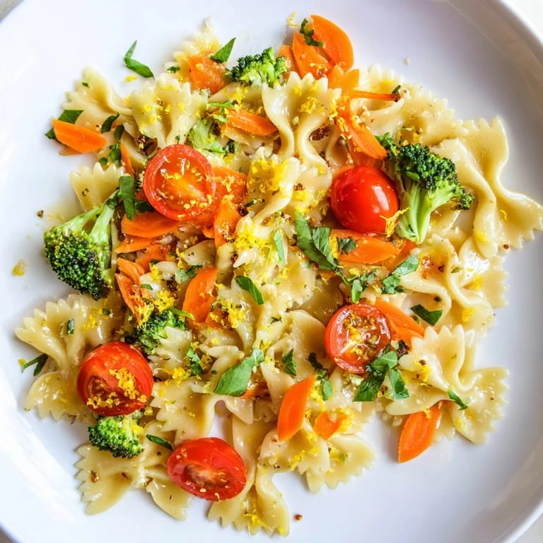 Freshly tossed Rainbow Veggie Pasta Primavera features tender vegetables and farfalle noodles, elegantly plated for a bright, healthy weeknight dinner.