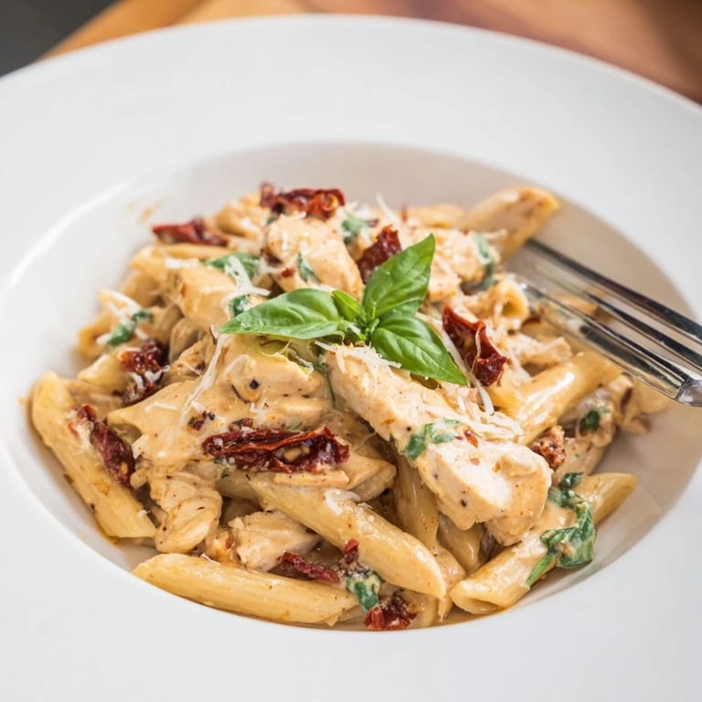 This comforting bowl of Creamy Sun-Dried Tomato Chicken Pasta showcases penne and chicken nestled in a creamy garlic sauce, perfect for a weeknight meal.