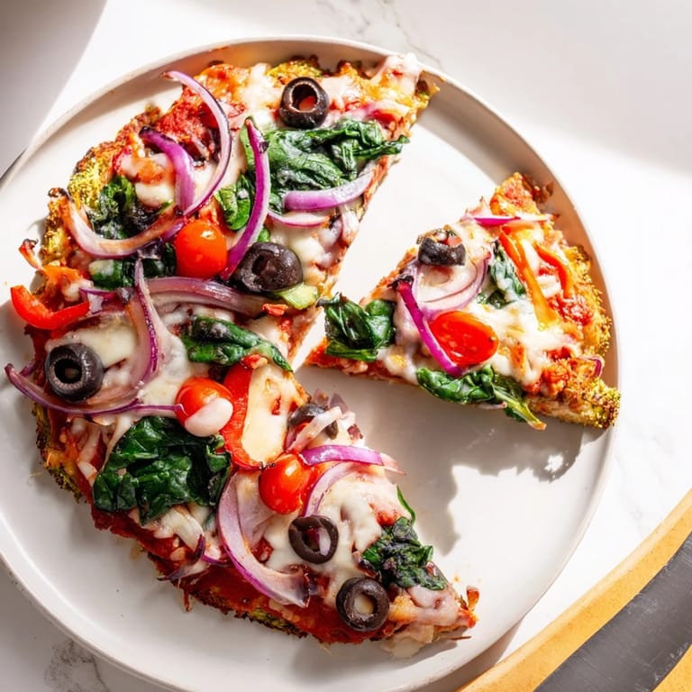 Freshly baked Broccoli Chicken Crust Pizza topped with cherry tomatoes, black olives, spinach, and red onion slices.