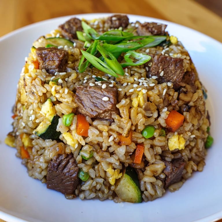 A close-up view shows tender steak pieces and scrambled eggs mixed with peas, carrots, and onions in this Easy Hibachi Steak With Fried Rice, garnished with fresh green onions.