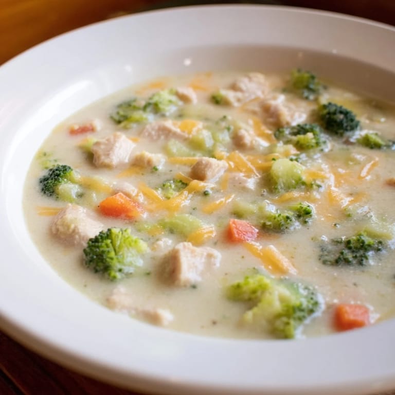 Comforting Chicken Broccoli Cheddar Soup in a white bowl, garnished with fresh herbs and a crusty bread side.