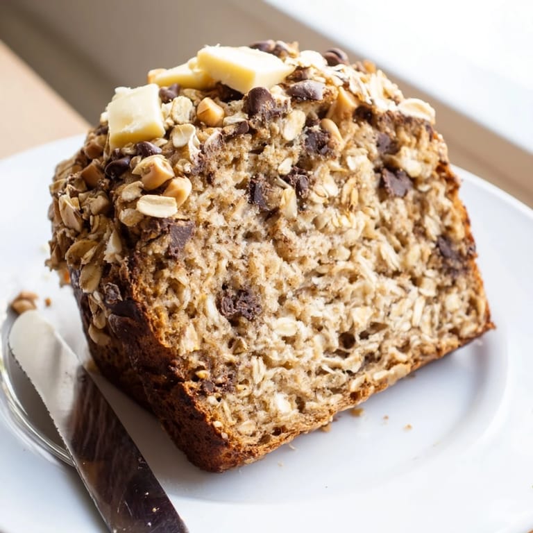 A freshly baked loaf of Chocolate Chip Peanut Butter Oatmeal Banana Bread with peanut pieces and warm cinnamon aroma on a cooling rack.