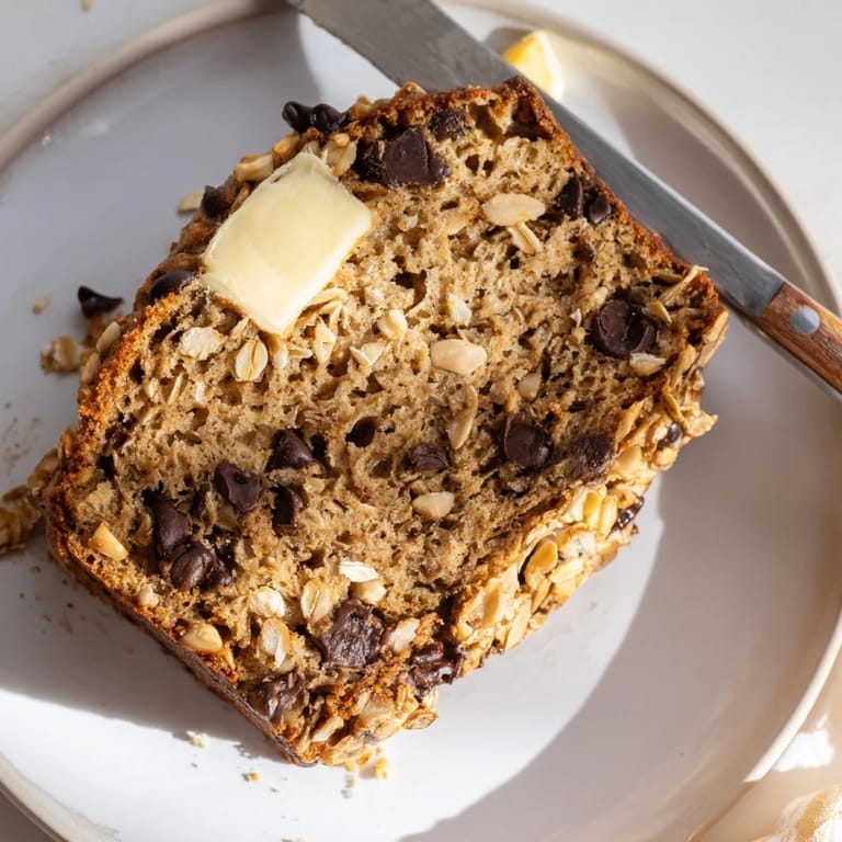 Golden-brown Chocolate Chip Peanut Butter Oatmeal Banana Bread loaf sliced, showcasing moist crumb with peanut butter swirls and chocolate chunks ready to enjoy.