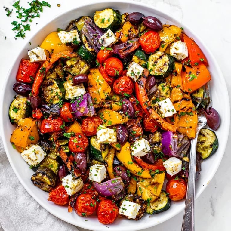 Colorful Roasted Greek Salad served warm, garnished with parsley, olives, and feta, ready for a quick Mediterranean dinner or lunch.
