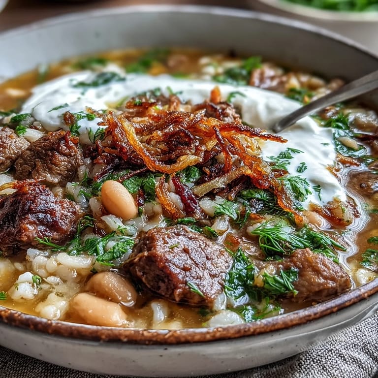 U.S. recipe photo showing tender beef, barley, lentils, and beans in a savory soup with tangy sour cream.