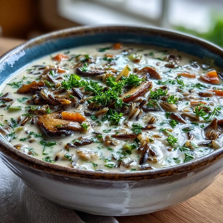 Golden-brown sautéed mushrooms and wild rice simmer in this hearty Wild Rice Mushroom Soup, perfect with crusty bread on the side.