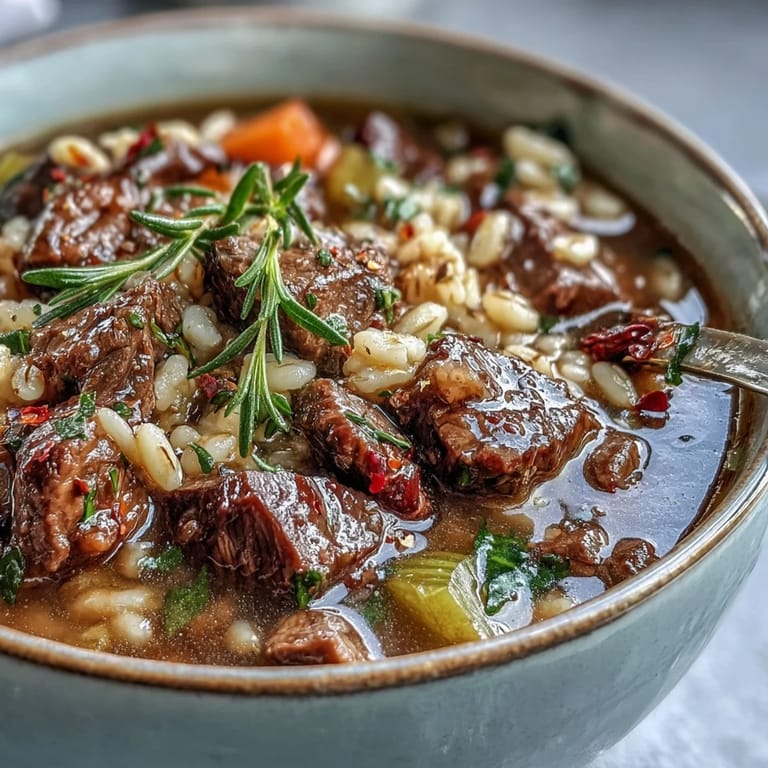 Beef and Barley Soup simmers in a pot with carrots, celery, and peas, filling the kitchen with a warm, savory aroma.