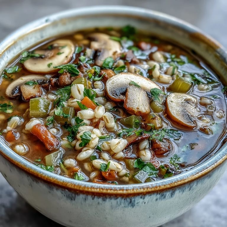 A cozy, hearty Mushroom Barley Soup topped with fresh parsley, ready to serve.