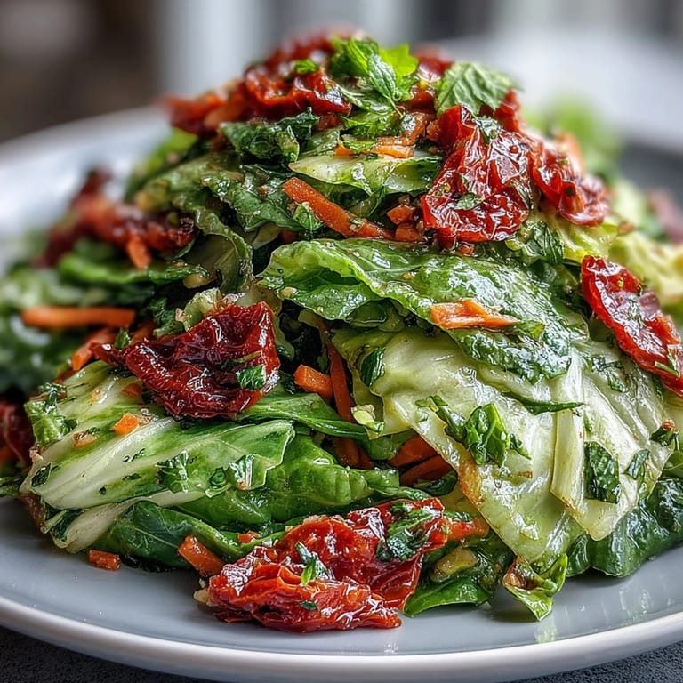 A vibrant bowl of cabbage salad with sun-dried tomatoes highlights crisp red and green ribbons, perfect for a light lunch. 