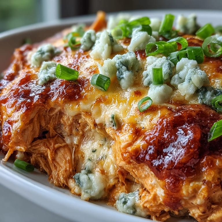 Golden baked Buffalo Chicken Dip in a dish, garnished with green onions, ready for game day snacking.