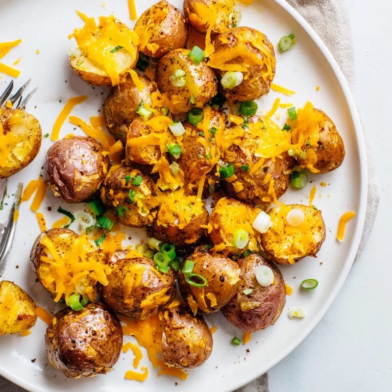 Golden, tender smashed green onion potato bombs served hot as a delicious appetizer.  