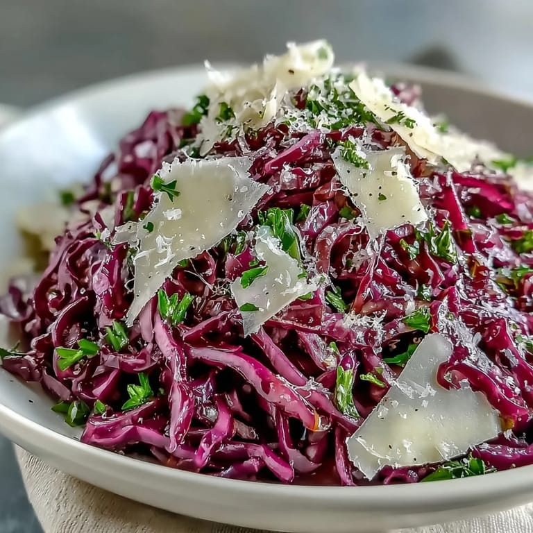 A close-up view of Red Cabbage Coleslaw with Apple and Parmesan, highlighting shaved cheese and bright apple slices over vibrant purple cabbage.