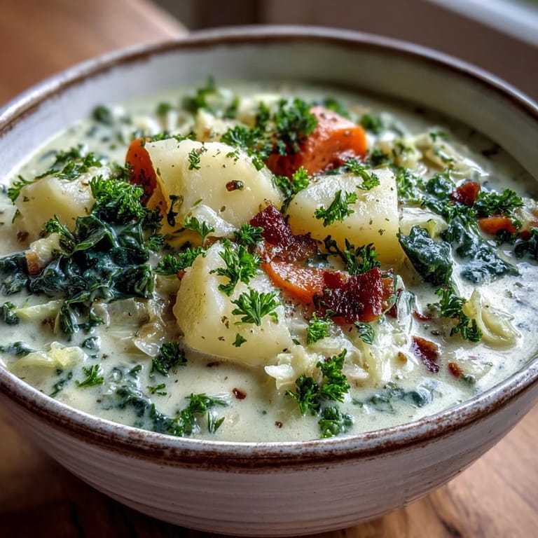 A hearty bowl of Creamy Potato Soup with Cabbage, garnished with parsley and paired with toasted bread.