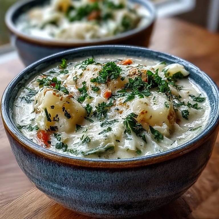 Close-up of Creamy Potato Soup with Cabbage featuring velvety broth, tender potato chunks, and carrots in a white bowl.