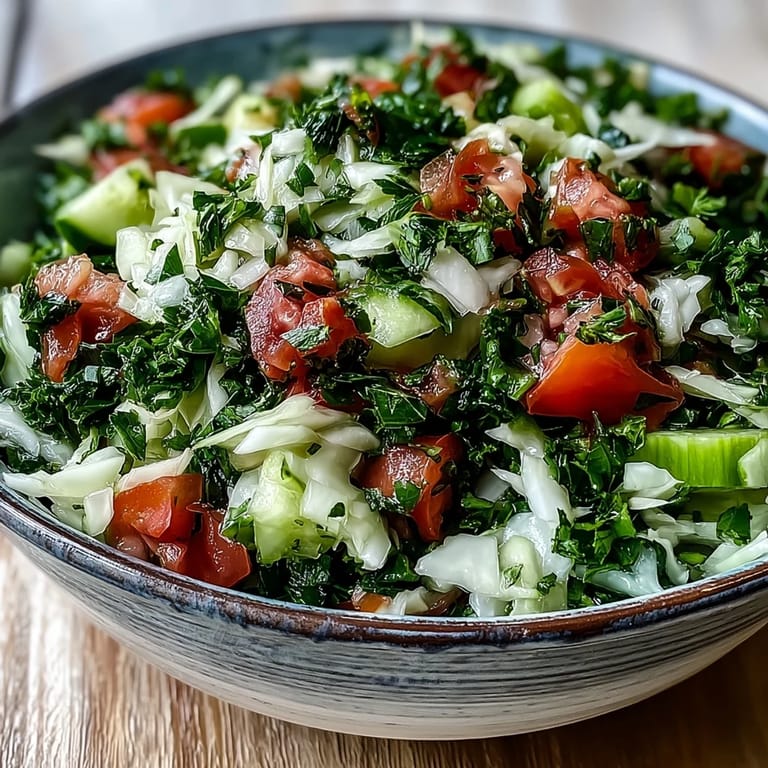 Freshly prepared Lebanese Cabbage Salad with crunchy vegetables, fragrant herbs, and a zesty lemon dressing ready to serve chilled.