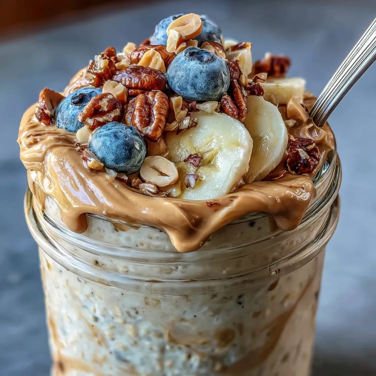 High-Protein Peanut Butter Overnight Oats jar topped with fresh berries and a honey drizzle.