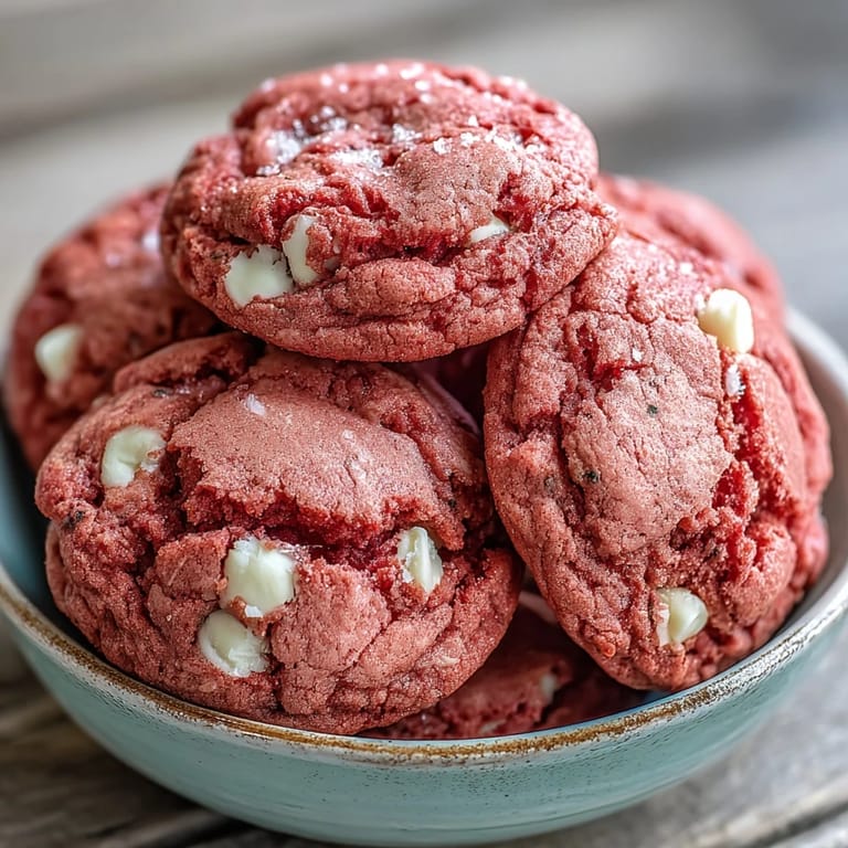 Soft and chewy Pink Velvet Cookies on a baking sheet, vibrant pink hue with melty white chocolate chips.