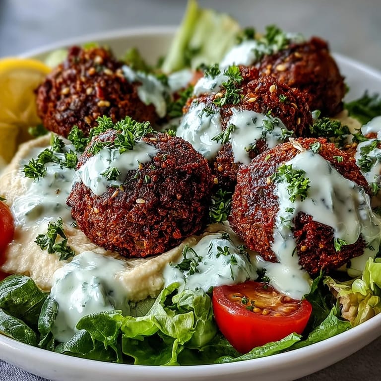 A fully assembled Falafel Bowl features hummus, tzatziki, fresh vegetables, and a lemon wedge, ready to serve.