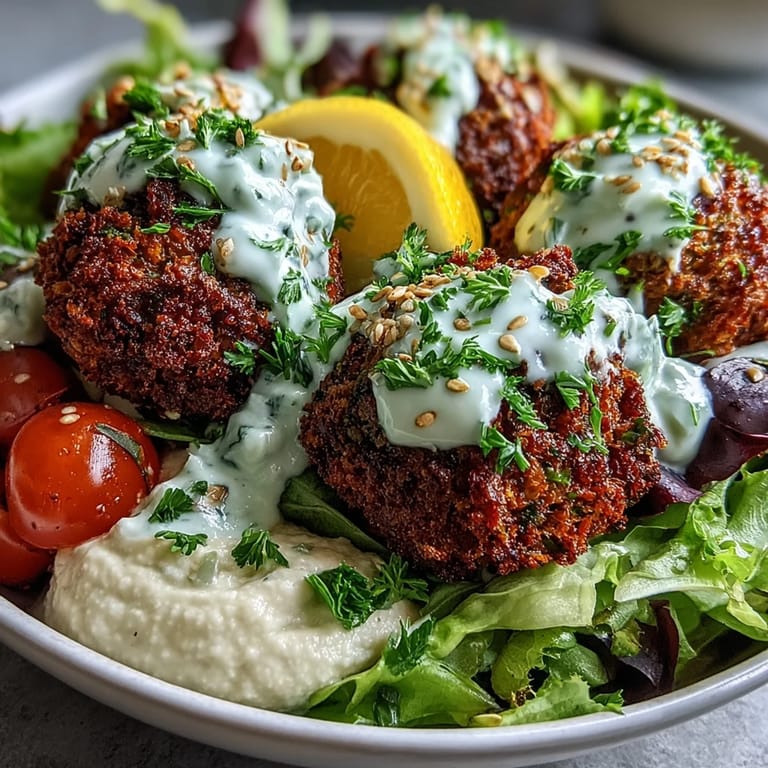 Falafel Bowl topped with creamy hummus, crisp cucumbers, and cherry tomatoes, garnished with parsley and sesame seeds.