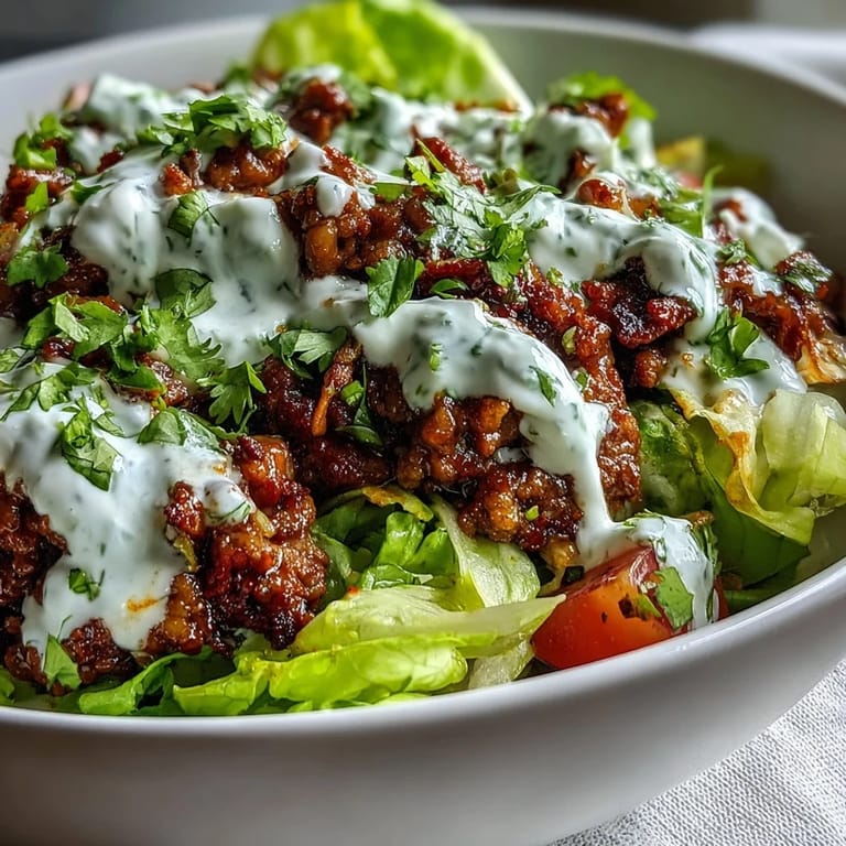 Close-up of a Healthy Taco Bowl, featuring golden brown ground beef, bright diced tomatoes, sliced radishes, and a generous drizzle of tangy lime yogurt crema.