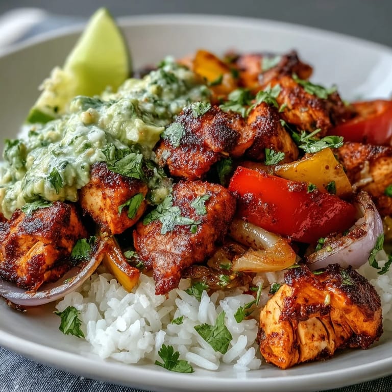 Smoky chicken tinga, tender roasted vegetables, and zesty avocado salsa piled high over rice for an easy weeknight dinner bowl.