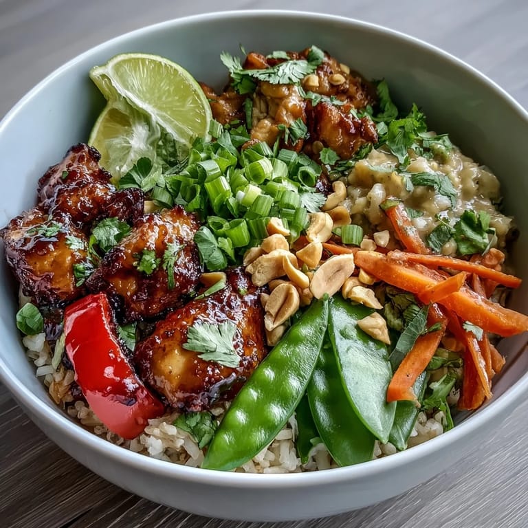 Savory Thai Chicken Coconut Bowl topped with crunchy carrots, sugar snap peas, and a fresh lime wedge for serving.
