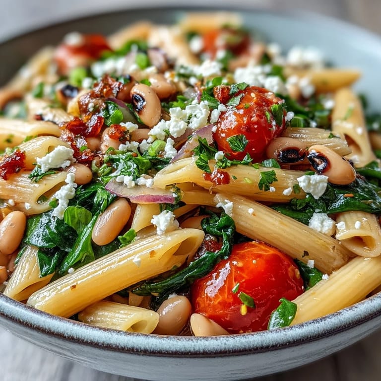 A bowl of Black-Eyed Pea Pasta features wilted spinach and a drizzle of olive oil.