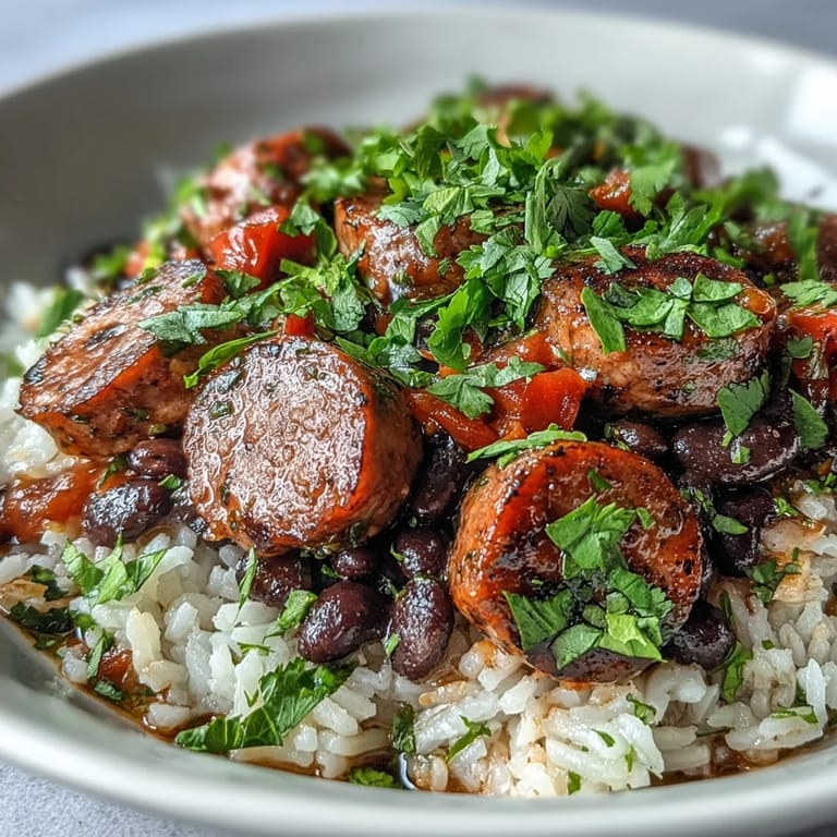 A close-up view of the Black Beans, Sausage, and Rice Skillet reveals smoky sausage pieces nestled among plump black beans and vibrant vegetables, steam rising invitingly from the hearty Tex-Mex main dish.