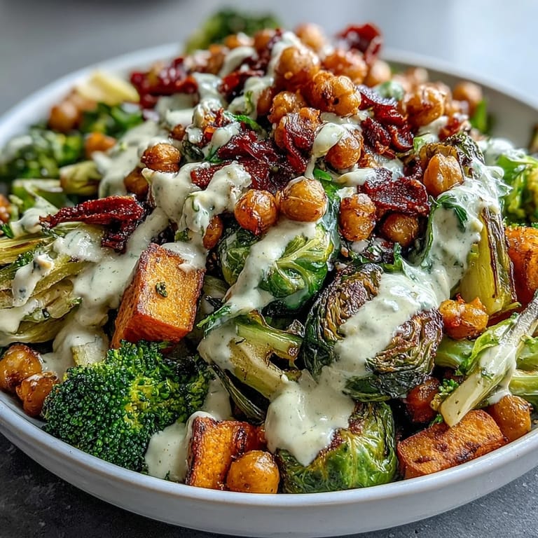 A vibrant Roasted Veggie & Chickpea Bowl with fresh broccoli and Brussels sprouts, drizzled with tangy tahini dressing.