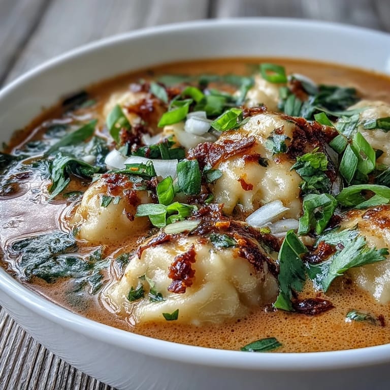 Spicy Quick Coconut Curry Soup with Dumplings served hot with scallions and crunchy garlic.