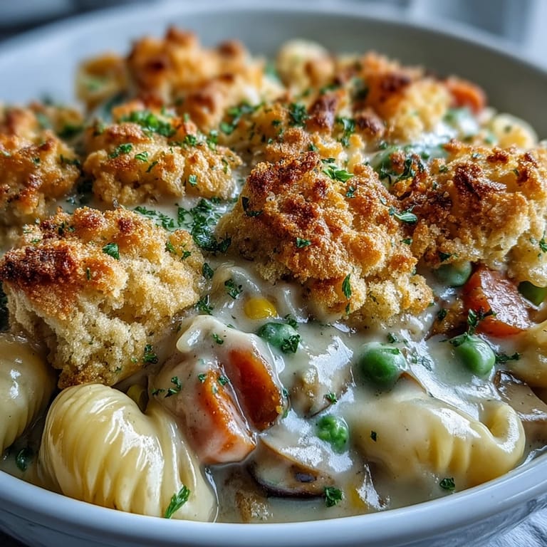 A close-up of creamy veggie pot pie pasta with vegetables and golden crumbs.