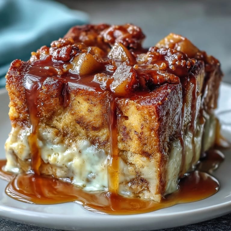 Close-up of gooey Caramel Apple Cheesecake Bread Pudding with creamy cream cheese swirls and soft bread cubes on a rustic table.