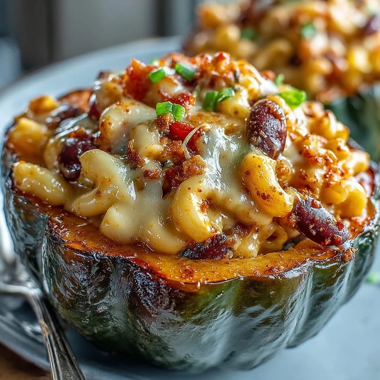 Spoonful of Hot Honey Chili Mac being lifted from a baked squash boat, showcasing melted cheddar and beans.