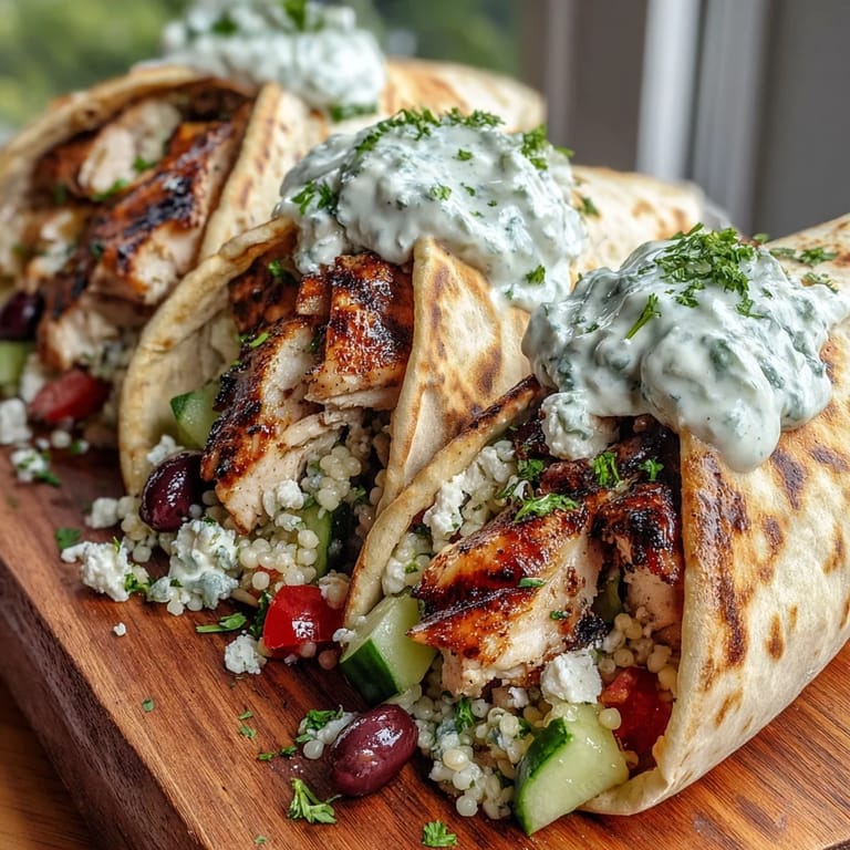 Stuffed pita pockets overflowing with lemon grilled chicken, pearl couscous, and crumbled feta cheese.