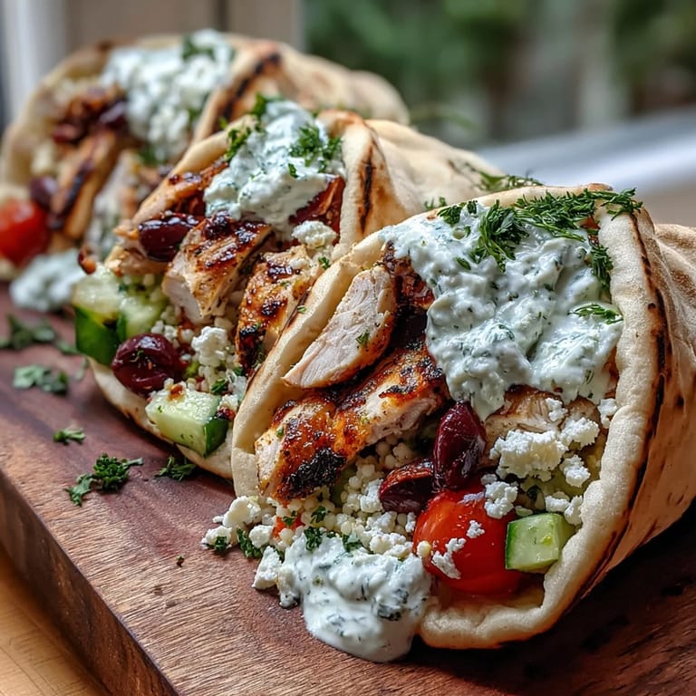 Freshly assembled Greek Chicken Feta Stuffed Pitas served with a side of vibrant tzatziki dip.