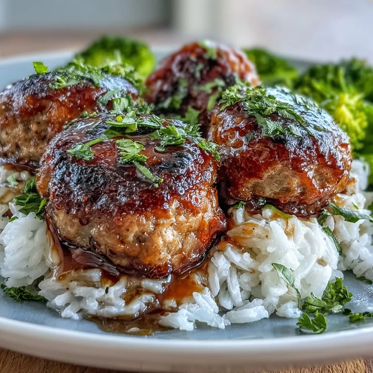 A close-up of baked Honey Garlic Turkey Meatballs in glossy sauce, paired with steamed broccoli and fluffy rice.